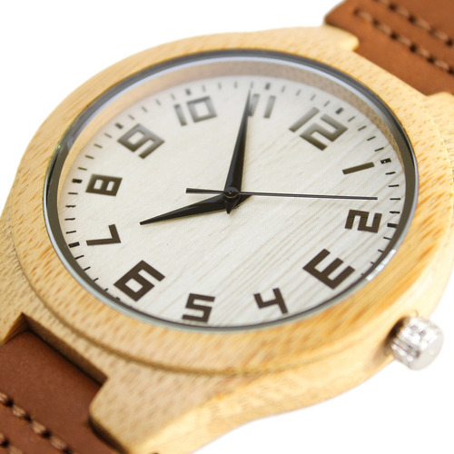 Imagen 3 de 10 de Reloj Madera Correa Cuero Café Con Marcadores Números
