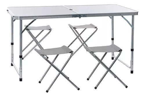 Set De Camping Mesa + 4 Bancos Plegables Aluminio 120x60