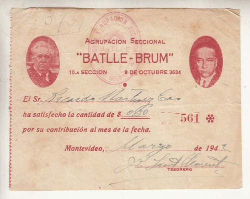 1942 Recibo Agrupacion Batlle Brum Del Partido Colorado 