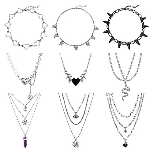 Sanfenly - Juego De 9 Collares Punk Para Mujeres, Hombres, E