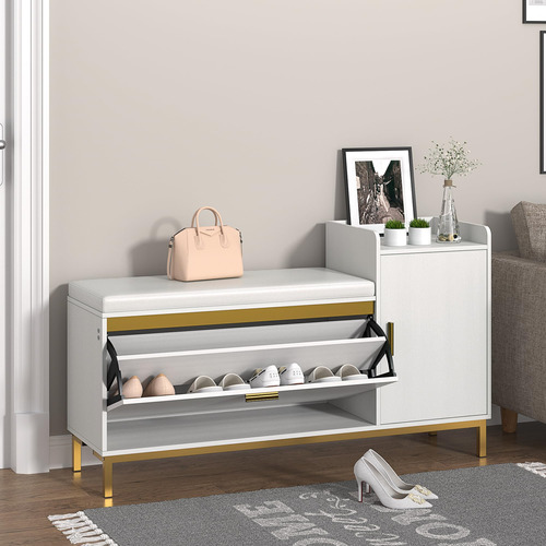 Vecelo Shoe Storage Bench With Flip Drawers Entryway Cabine.