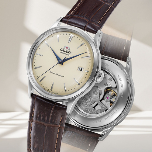 Relogio Orient Bambino Automatico Ra-ac0m04y30b Correia Marrom Bisel Prateado Fundo Champanhe