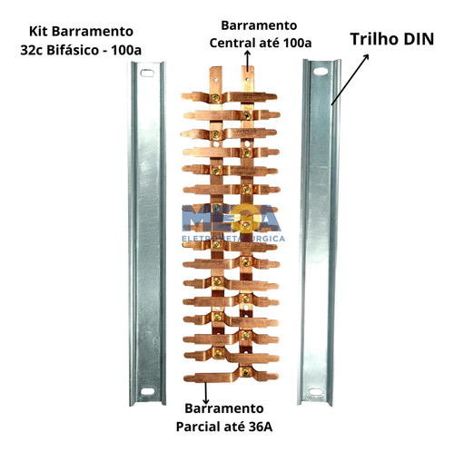 Kit Barramento Completo Bifásico 100a P/32 Circuitos Din Cor Cobre