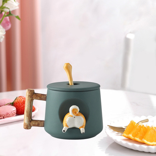 500ml Cute Cartoon Corgi Butt Taza De Cerámica Con Tapa