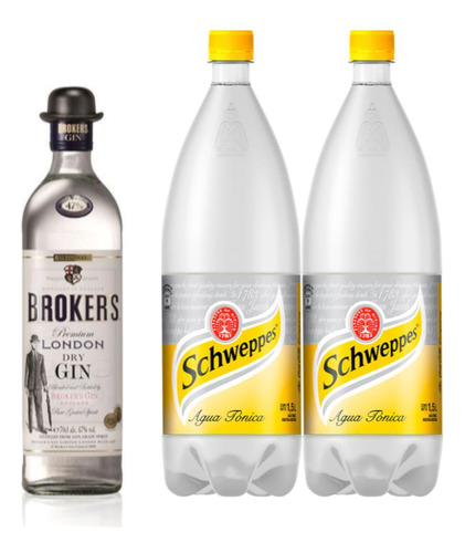 Gin Brokers 750ml + Agua Tonica Schweppes 1,5l X2