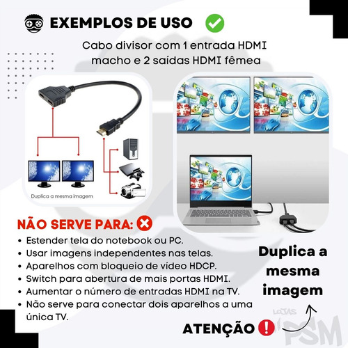 Cabo Extensor Hdmi 1 Para 2 Duplicador Tela Notebook Monitor