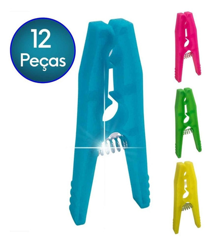 Pregador De Roupa Grande Plástico Reforçado Kit 12 Peças