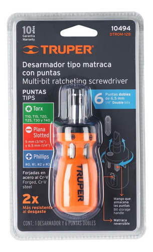 Desarmador Tipo Trompo Con Matraca, 6 Puntas Dobles, 10494