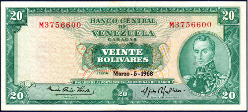 Billete De 20 Bolívares M7 Del 5 De Marzo 1968 Simón Bolívar