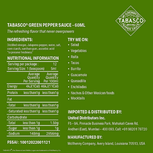Salsa Tabasco Mild Jalapeño 1 Frasco 60ml Imp.usa