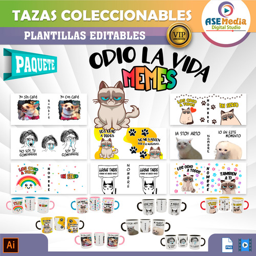 Kit 8 Plantillas Editables Para Sublimar Tazas Memes Gato