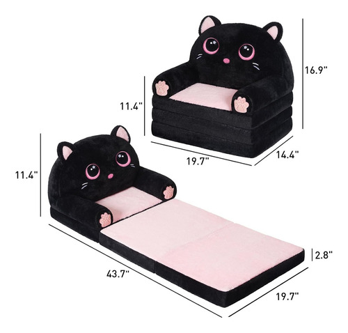 Sofá Plegable Para Niños 2 En 1 Silla Y Sillón De Terciopelo Color Negro Diseño De La Tela Gatito