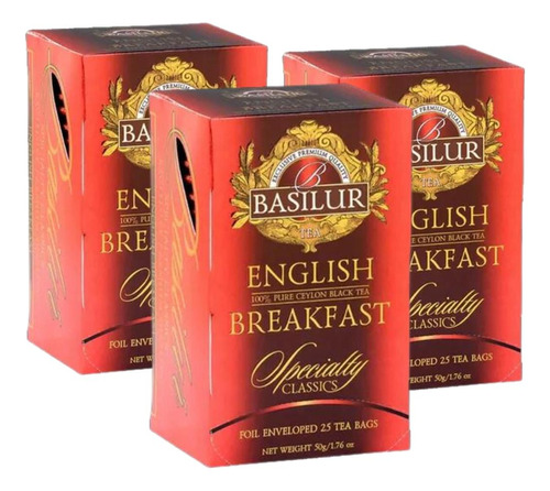 Pack Te Basilur 3 Cajas English Breakfast De 25 Bolsas C/u