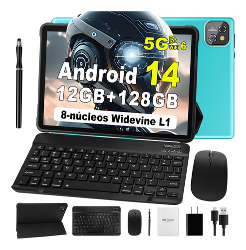 Tablet Android 14 10.1' Hd Aorzoo 12+128gb Ram 1tb Ampliable Wifi 6 Octa-core Pad Bluetooth 5.0, Cámara Dual 5mp+13mp, Azul Tableta Con Funda Plegable Teclado Ratón Lápiz Y Gms Certificación Tablets