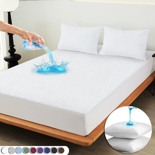 Cubre Colchon Impermeable Con Funda De Almohada Individual Color Blanco Diseño De La Tela Liso