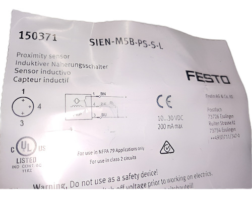 Sensor Inductivo Marca Festo Mod. Sien-m5b-ps-s-l No. Art. 150371
