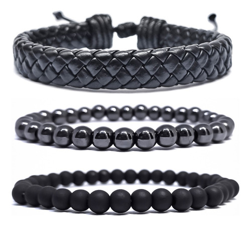 Kit 3 Pulseiras Masculinas Couro Ajustável Hematita Bolinhas