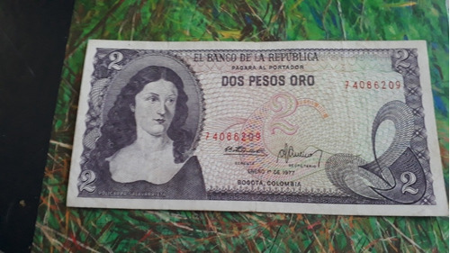 Billete De 2 Pesos Oro De 1977 De Colombia