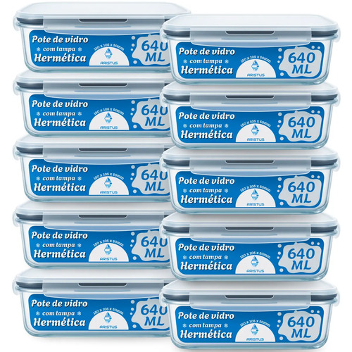 Kit 10 Potes Vidro Hermético Aristus 640ml Marmita Anti Vazamento Forno Micro-ondas Freezer Tampa 4 Travas - Cinza