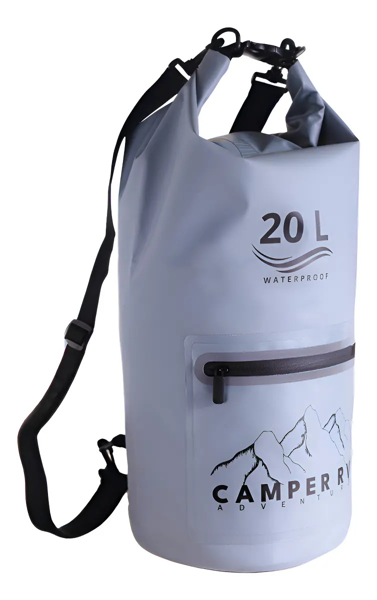 Mochila Saco Estanque Impermeável Camper RV 20L Cinza para Camping e Aventura