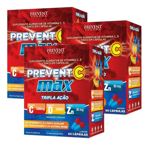 Prevent Max Tripla Ação Vitamina C D E Zinco 180 Capsulas