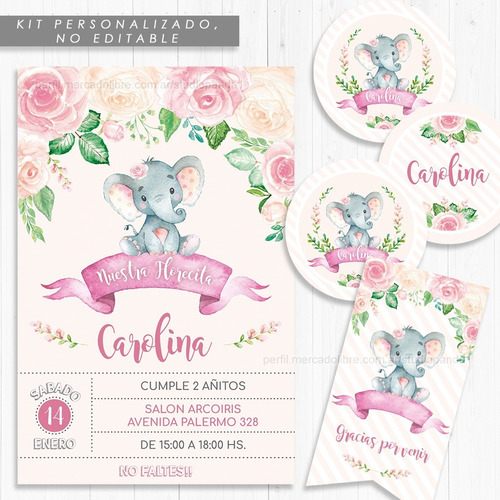 Kit Imprimible Elefante Nena Baby Shower Bautismo Cumpleaños