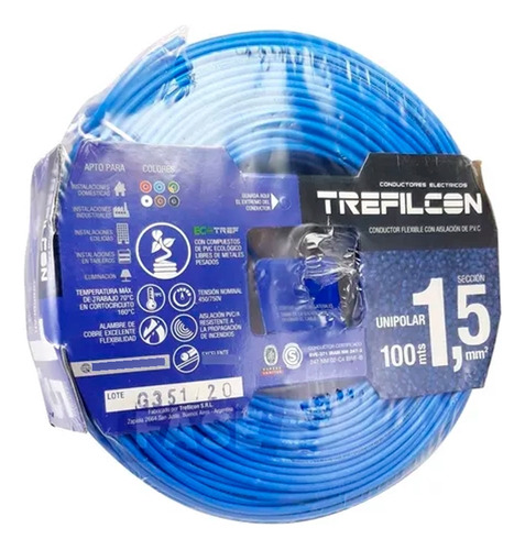 Cable Unipolar 1.5mm Trefilcon Normalizado 100mt Celeste