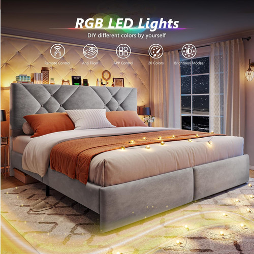 Base De Cama King Size Cajones Luz Led Gris Enhomme