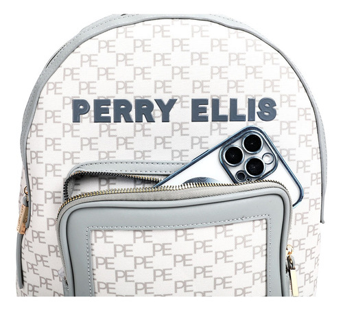 Bolsa Back Pack Marca Perry Ellis Negro, A01896 Color Blanco Con Gris
