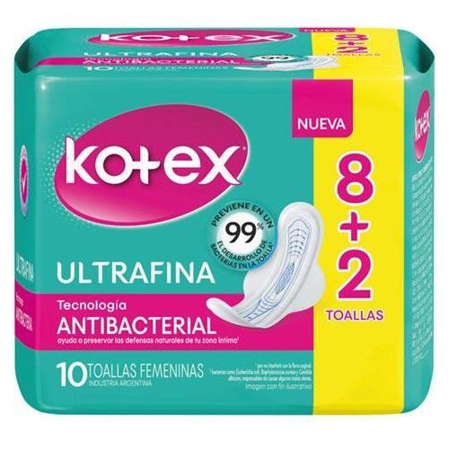 Toalla Femenina Kotex Ultrafina Antibacterial Con Alas 10un