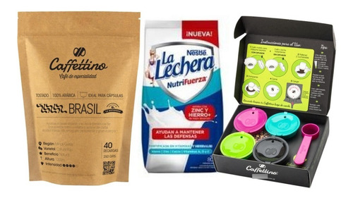 Imagen 1 de 4 de Combo: Cápsulas Caffettino Dolce X 4 + Café Brasil + Leche