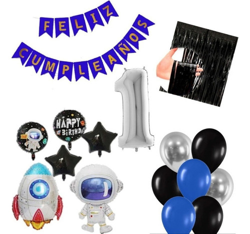 Kit Decoración Astronauta Cohete Globo 3d 65cm Feliz Cumple