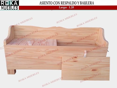 Imagen 2 de 3 de Asiento Con Respaldo Y Baulera De Madera 120 Pino Baul Roka