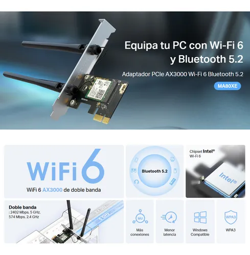 Mercusys, Tarjeta De Red Pcie Ax3000 Wifi 6 + Bt 5.2, Ma80xe