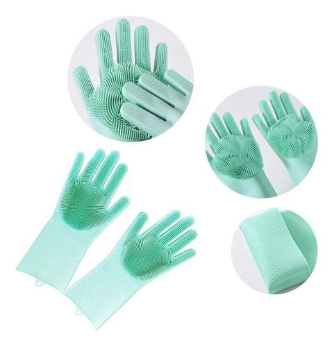 Par De Luvas Com Esponja Silicone Lava Louças Multiuso Verde