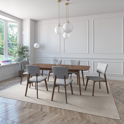 Juego De Comedor Extensible Rio De Madera Con 6 Sillas Diseño De La Tela De Las Sillas Gris Claro - Nogal