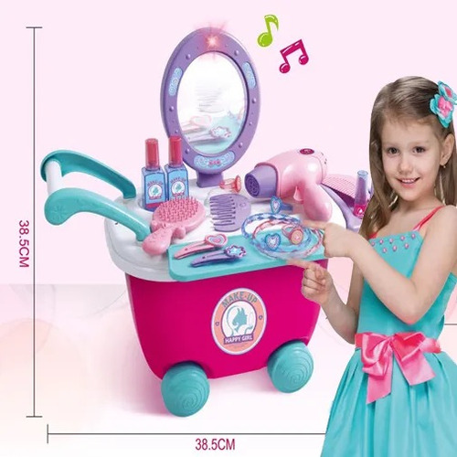 Súper Tocador 2 En 1 Niña Con Luz, Espejo Y Kit De Belleza Rosa