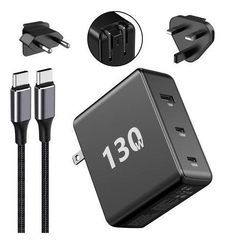 Cargador Usb C De 100 W, 3 Puertos 130 W Gan Cargador De Par