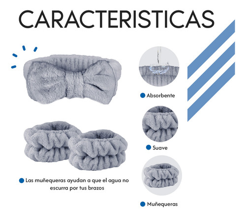 Diler Kit 5 Piezas Diadema Y Muñequeras Para Skincare Maquillaje Mascarilla Spa De Microfibra Con Moño Color Gris
