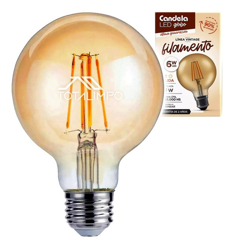 Lámpara Led Globo Filamento 6w Luz Cálida Candela 6808 Cuota