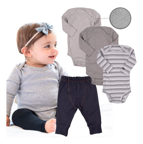 Imagem 2 de 9 de Conjunto Body E Calça Neutro 4 Pç Bebe Conforto Tipo Carters