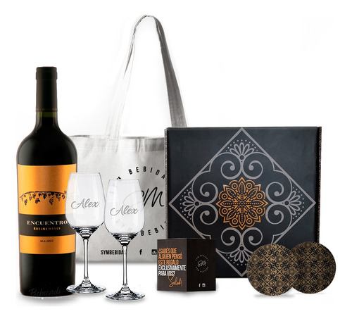 Box Set Vino Rutini Encuentro Copas Transparentes Grabadas