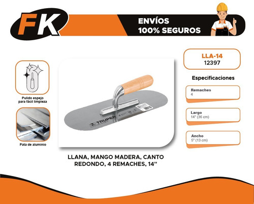 Imagen 3 de 5 de Llana Mango Madera Canto Redondo 4 Remaches 14' Truper 12397
