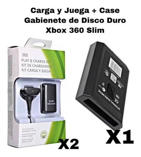 2 Carga Y Juega Xbox 360 + Case Gabinete Disco Duro 360 Slim