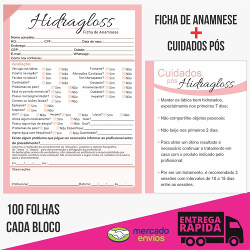 Kit Ficha Anamnese Hidragloss E Cuidados Pós Procedimentos