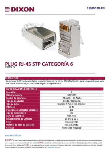 Caja 100 Conectores Rj45 Dixon Para Utp Cat.6 Apantallados
