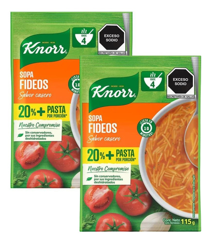 2 Sobres Sopa Instantánea Knorr Pasta Fideos 115g