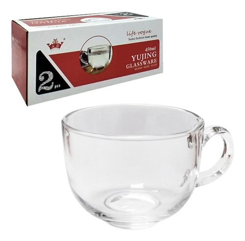 Set X2 Taza Tazon Jarro Mug De Vidrio Con Asa 450 Ml Sopa 