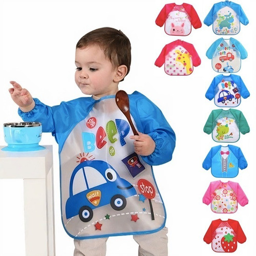 Imagen 2 de 9 de Babero Delantal Bebés Y Niños De Manga Larga Impermeable