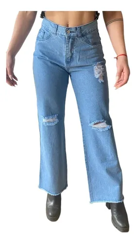 Jeans Wide Leg Palazzo Rotura Tiro Alto Mujer Celeste Envio